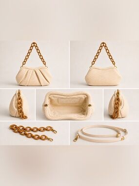 ZARA Cream Woven Pleated Shoulder Bag Brown Chain + Leather Strap NWOT